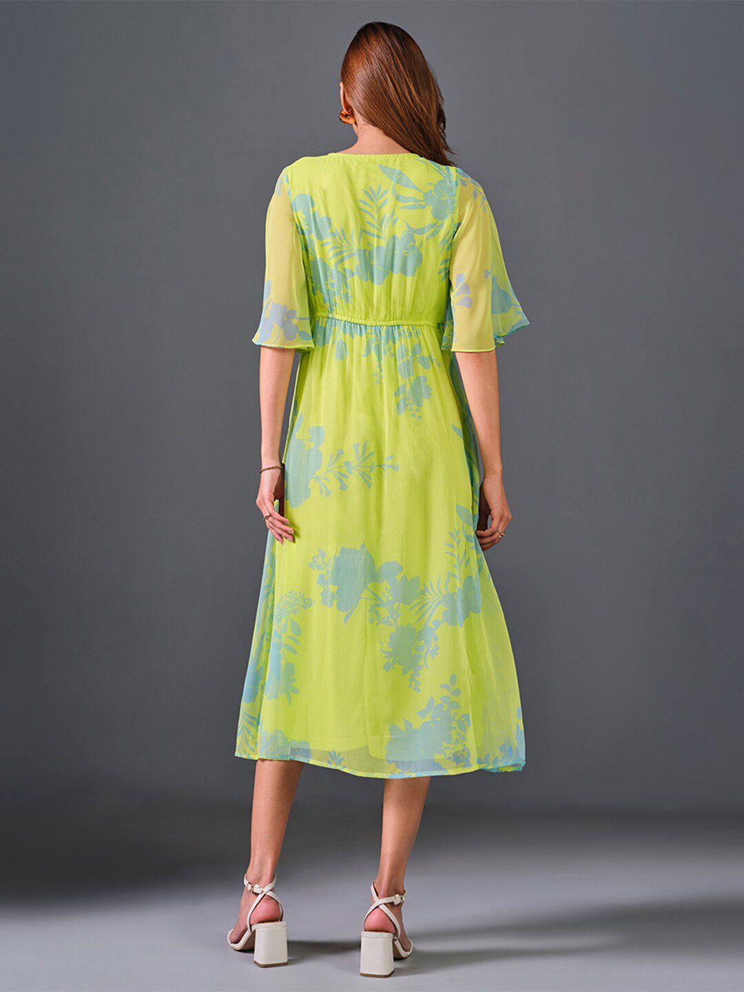 AND Floral Printed V-Neck Flared Sleeve Empire Midi Dress