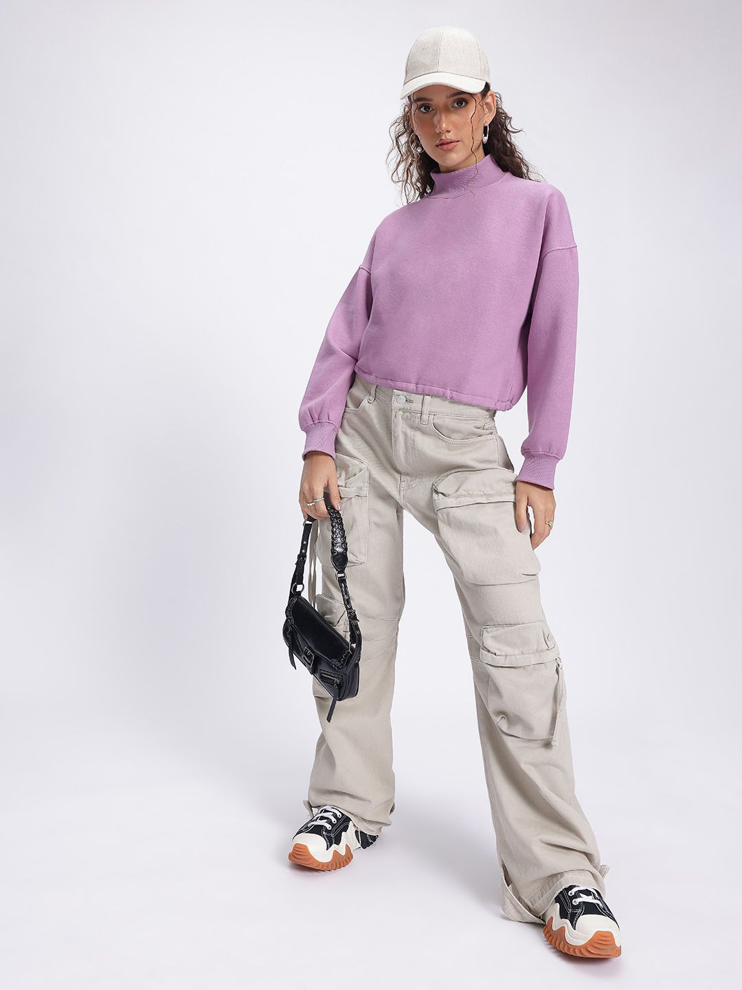 DressBerry High Neck Drop-Shoulder Crop Sweatshirt