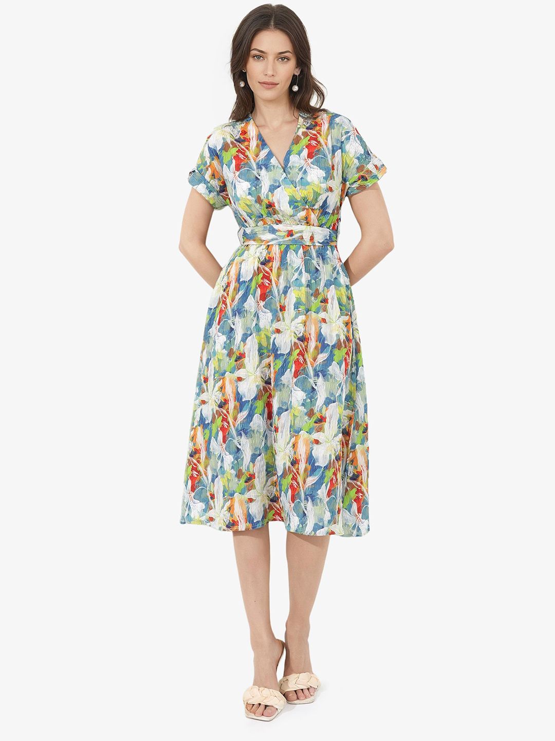 RAREISM V Neck Floral Printed Fit & Flare Midi Dress