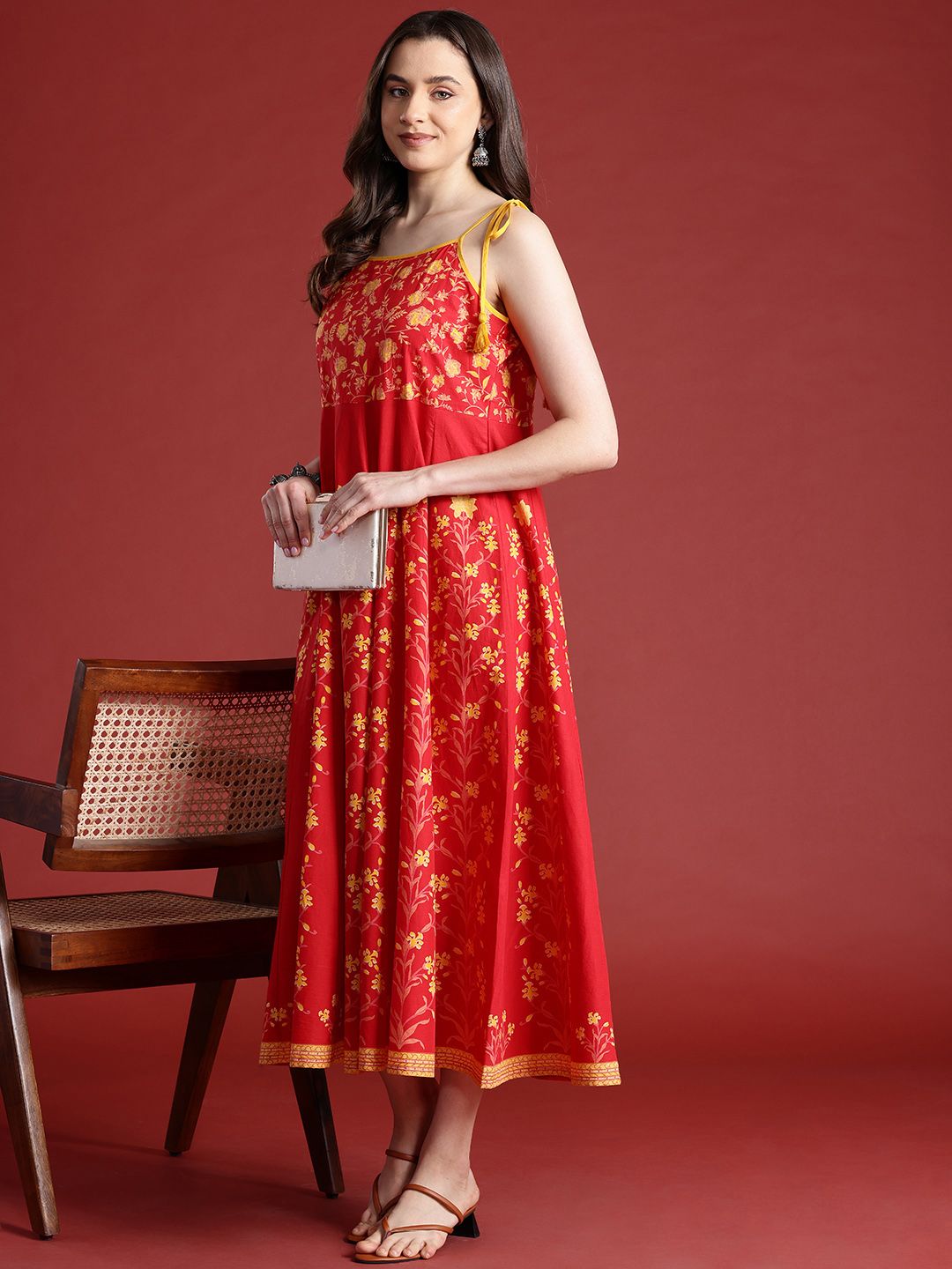 Anouk Floral Printed Lengan Tanpa Kapas Midi Midi Ethnic Dress