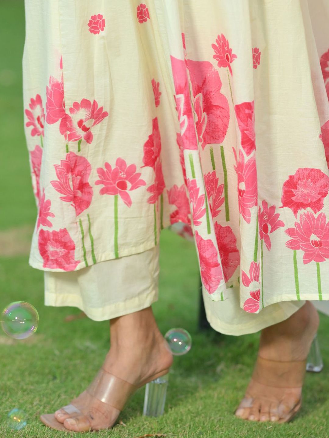 Indo Era Floral Printed Pure Cotton Anarkali Kurta With Trousers & Dupatta