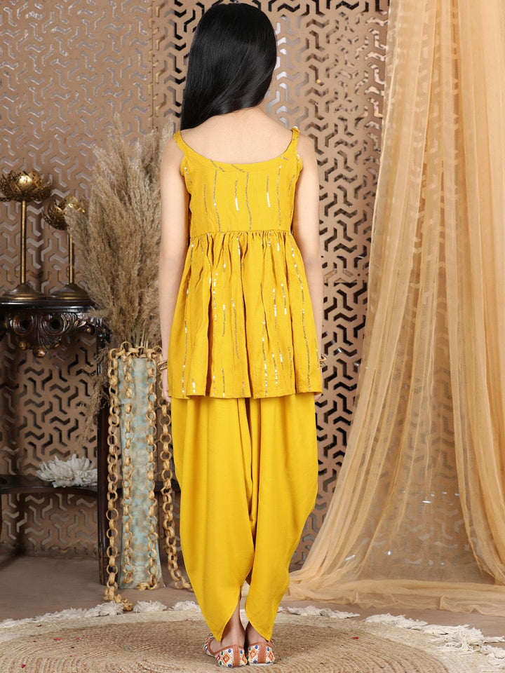 Cutiekins Girls Mustard Yellow Sequinned Peplum Top with Dhoti Pants
