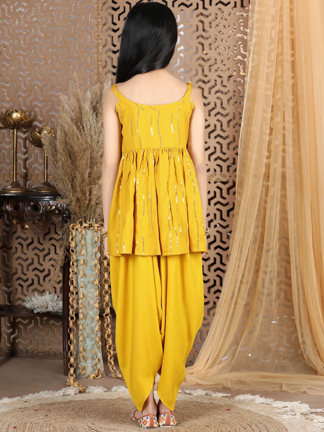 Cutiekins Girls Mustard Yellow Sequinned Peplum Top with Dhoti Pants