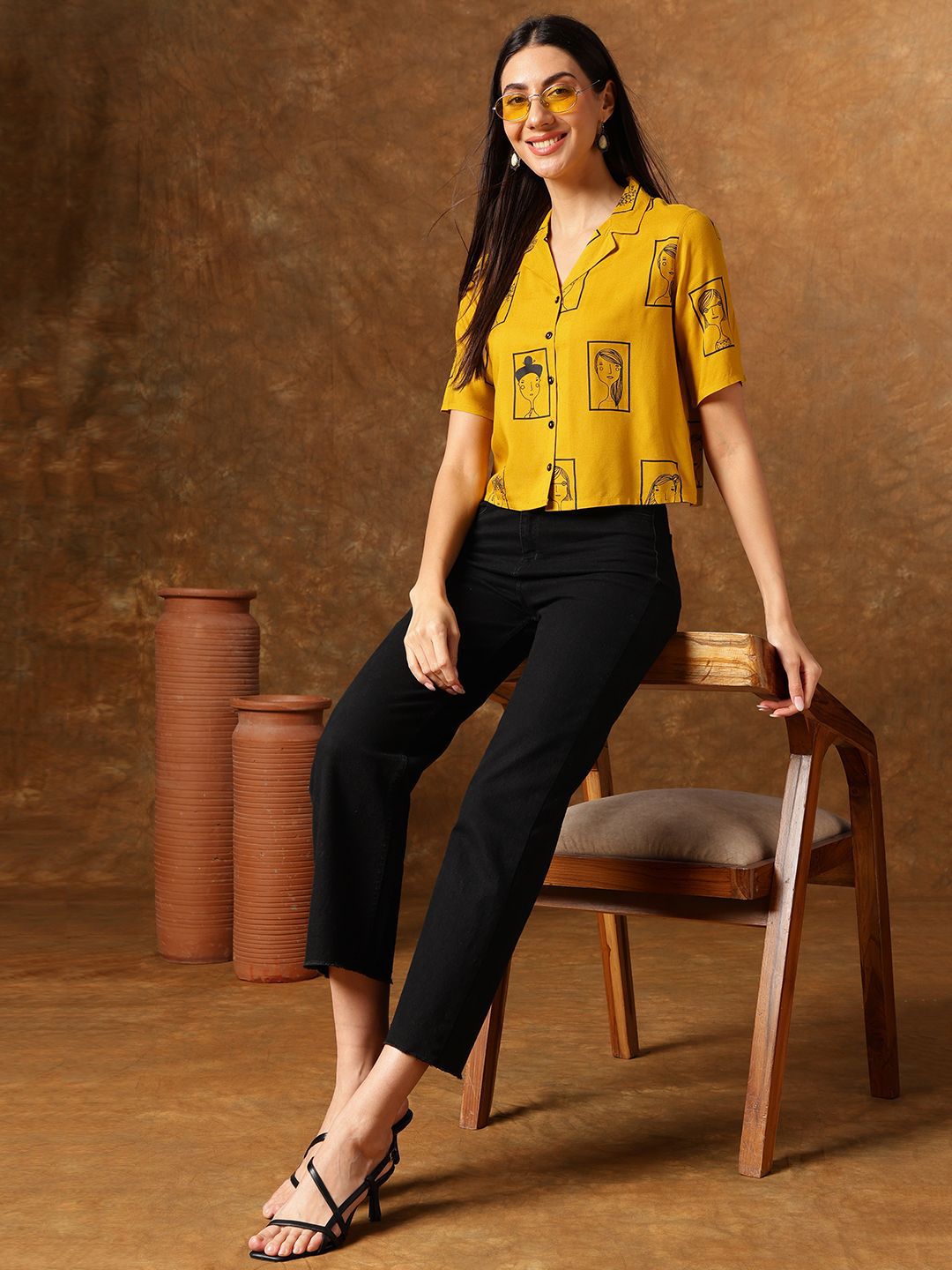 Anouk Women Solid Printed Shirt Collar Top