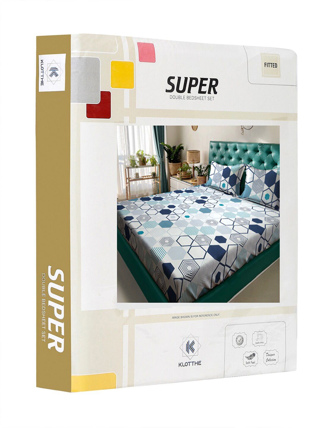 KLOTTHE Grey & Blue Geometric Fitted 300 TC King Bedsheet with 2 Pillow Covers