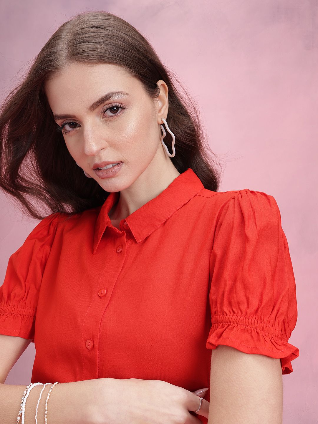 DressBerry Solid Puff Sleeves Casual Shirt