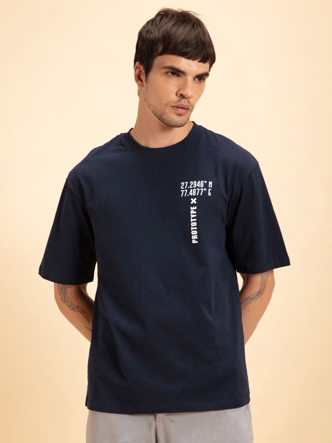 Bewakoof Men Pure Cotton Blue Printed Oversized T-shirt