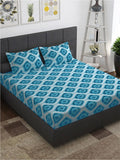 Story@home Blue White Geometric Cotton 144 TC Queen Bedsheet With 2 Pillow Covers