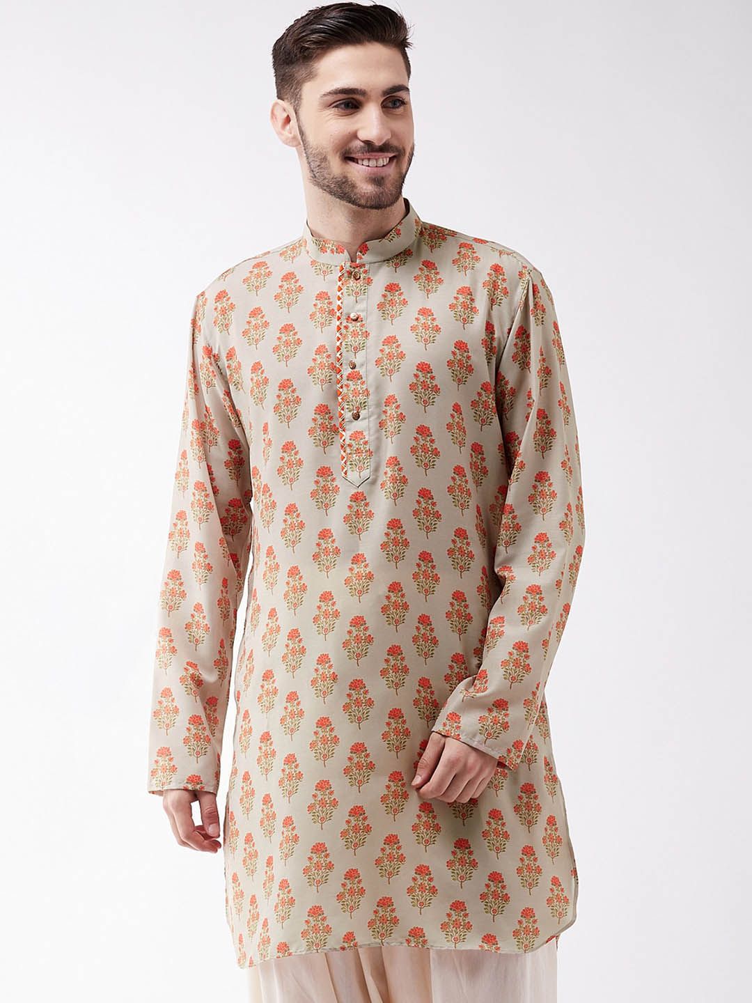 VASTRAMAY Men Beige Floral Thread Work Kurta