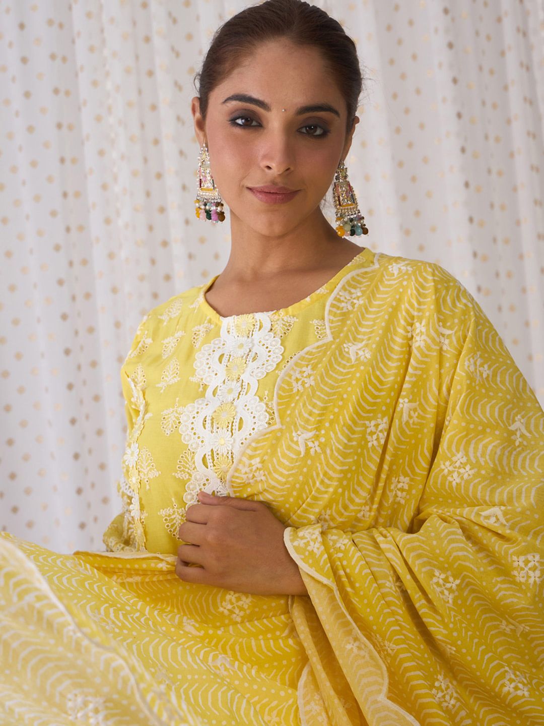 Indo Era Round Neck Floral Embroidered Pure Cotton Straight Kurta with Trouser & Dupatta