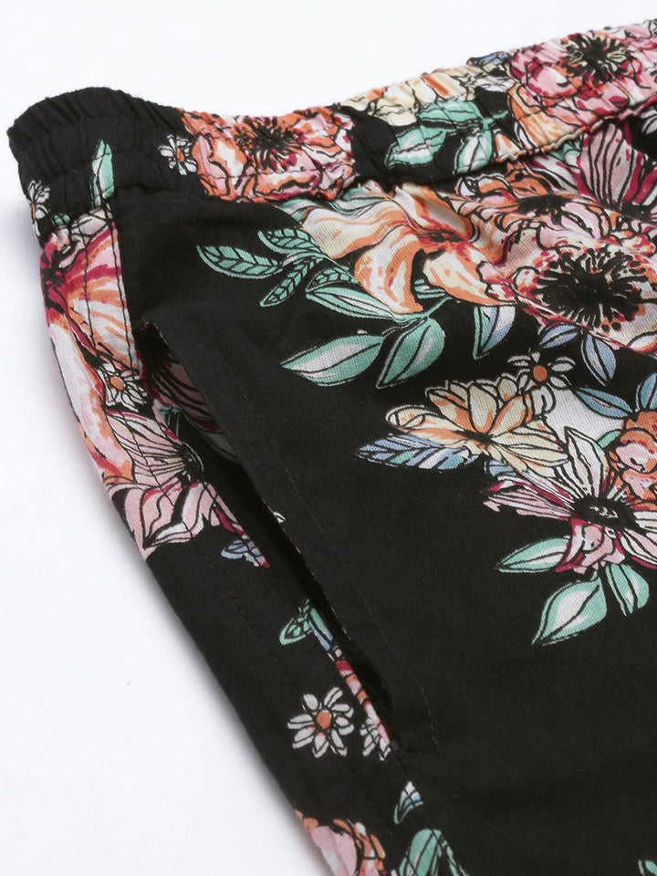 SANSKRUTIHOMES Women Black Pure Cotton Floral Print Pyjama Set
