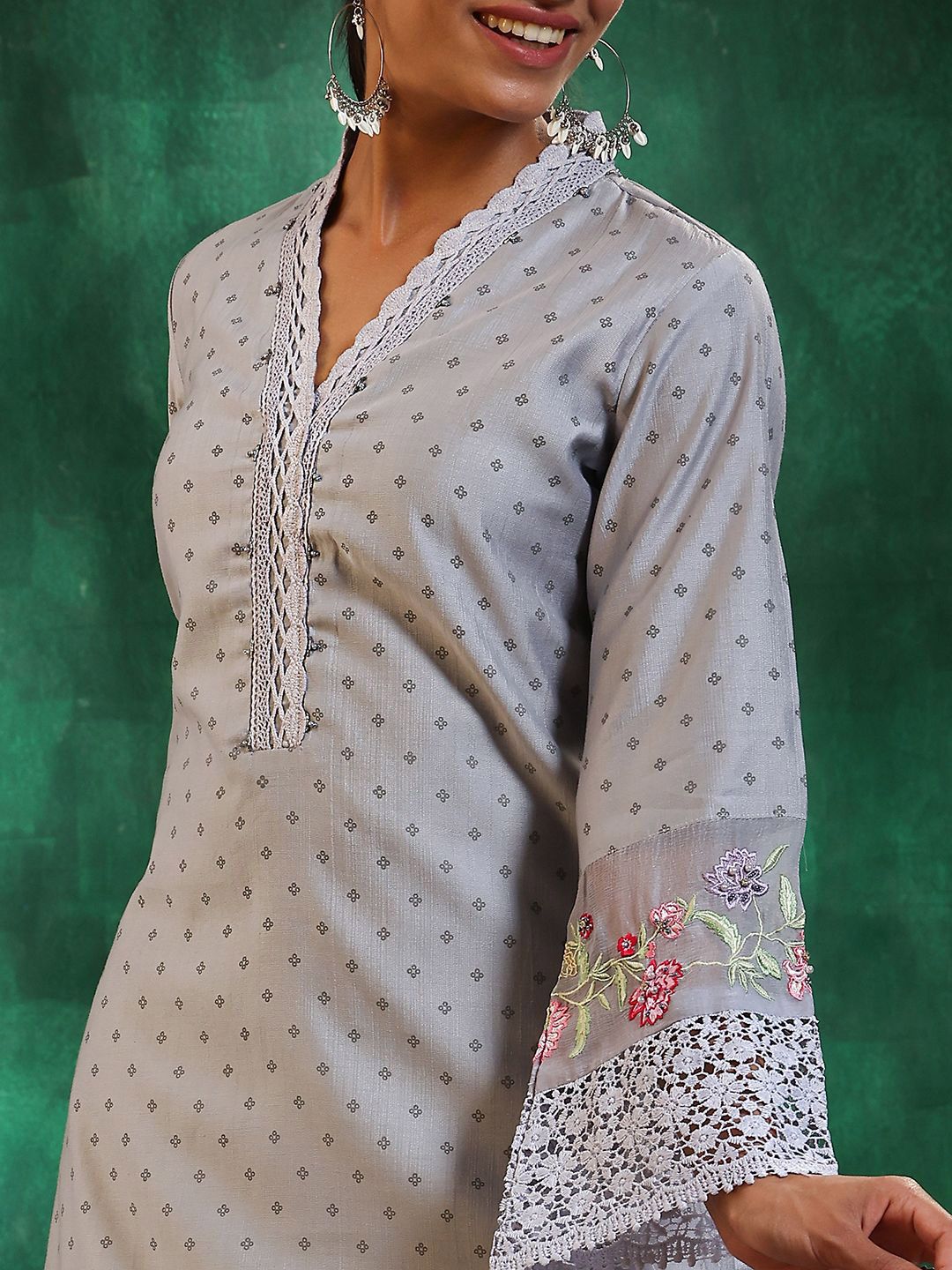 Libas Floral Printed Beads and Stones Straight Kurta with Trousers & With Dupatta