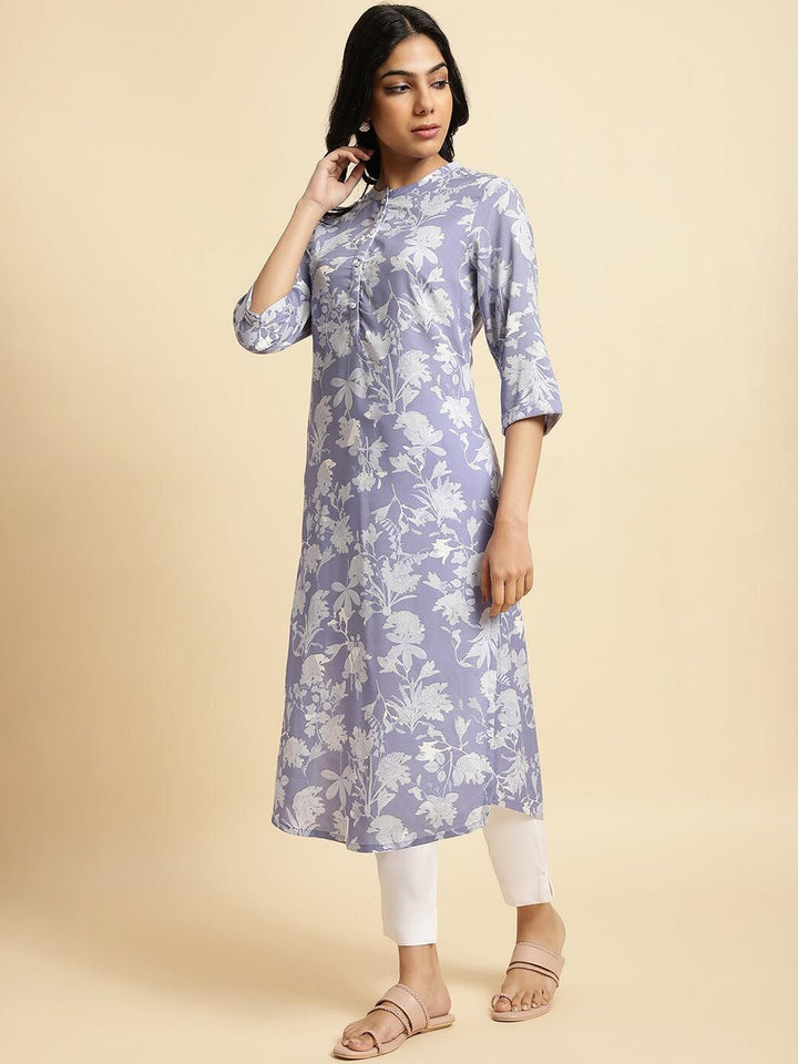 W Purple & White Floral Printed Band Collar Kurta