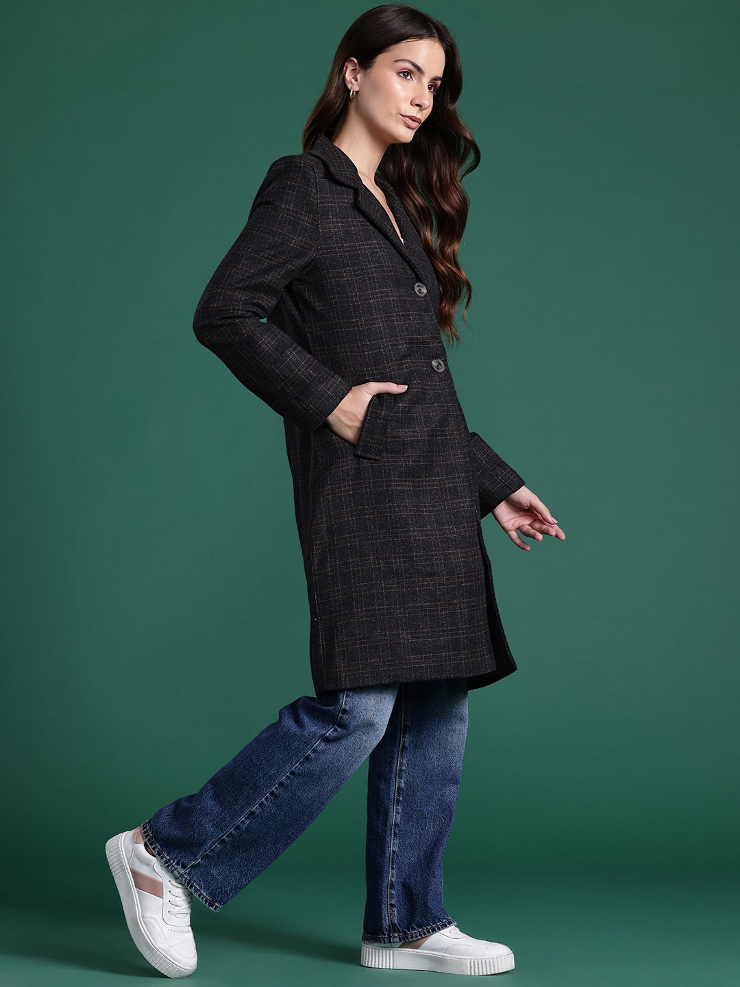 DressBerry Checked Single-Breasted Longline Overcoat