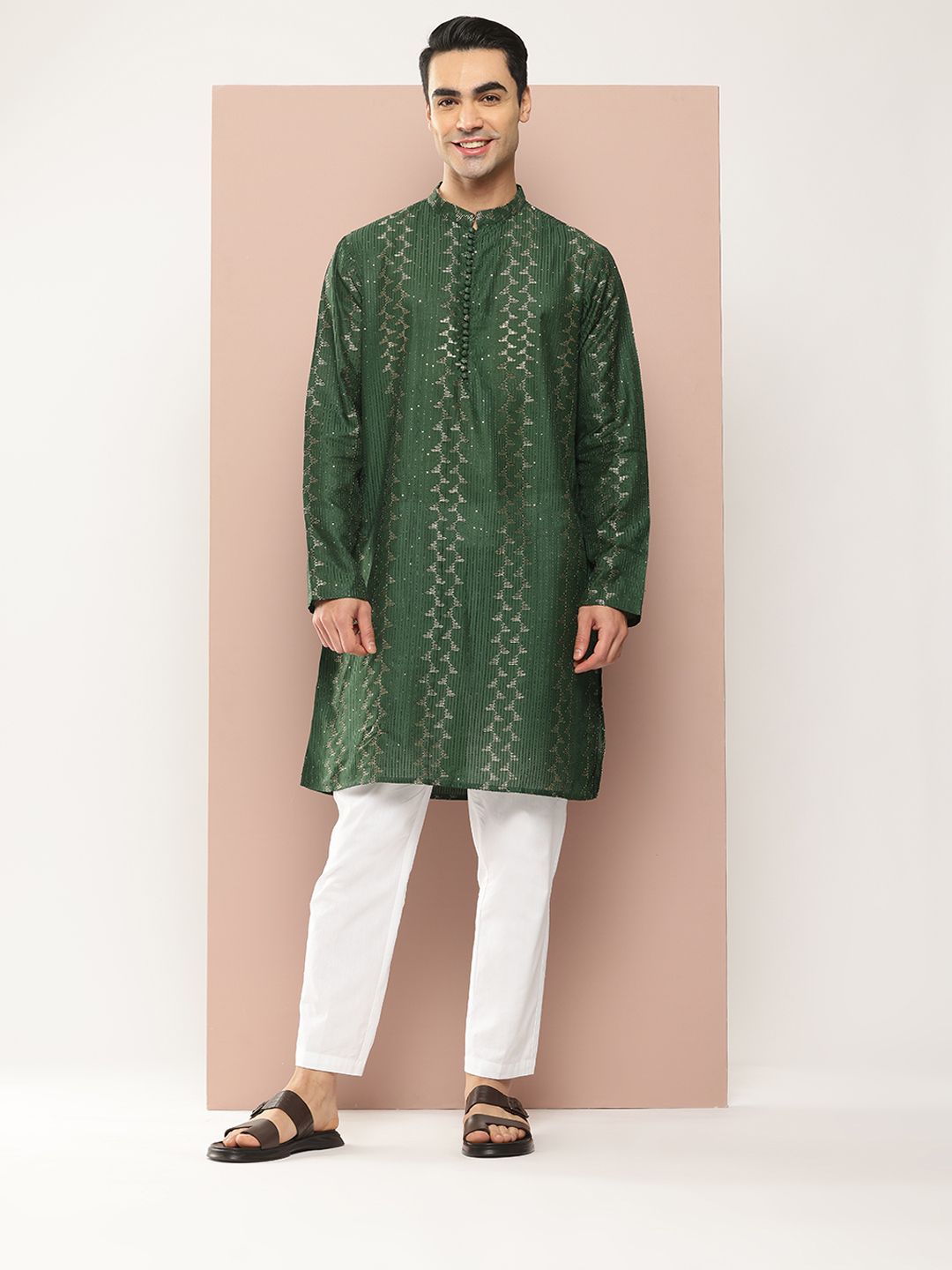 See Designs Men Embroidered Sequinned Chanderi Silk Kurta with Pyjamas