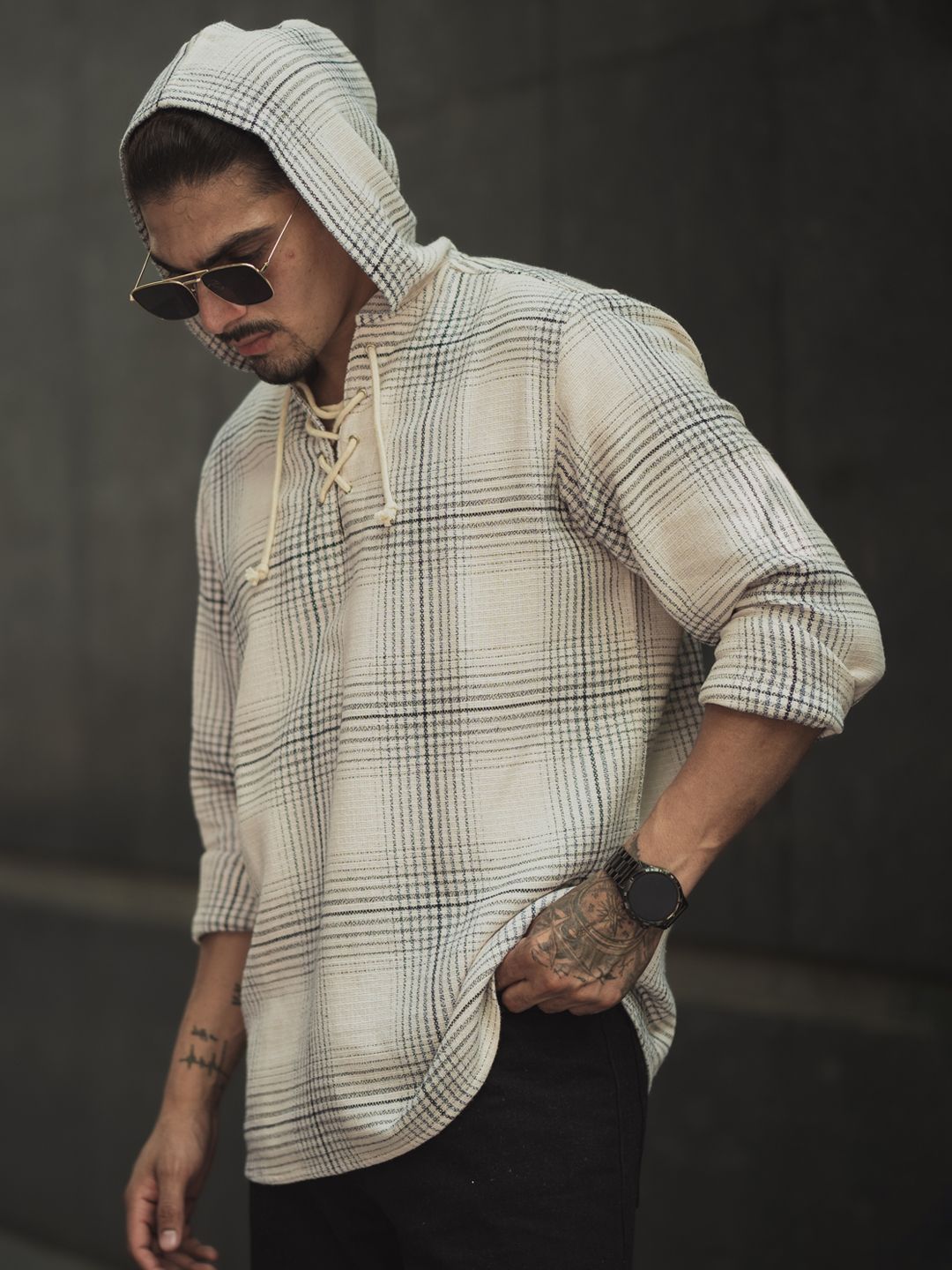 Powerlook Men Hood Tartan Checked Cotton Casual Shirt