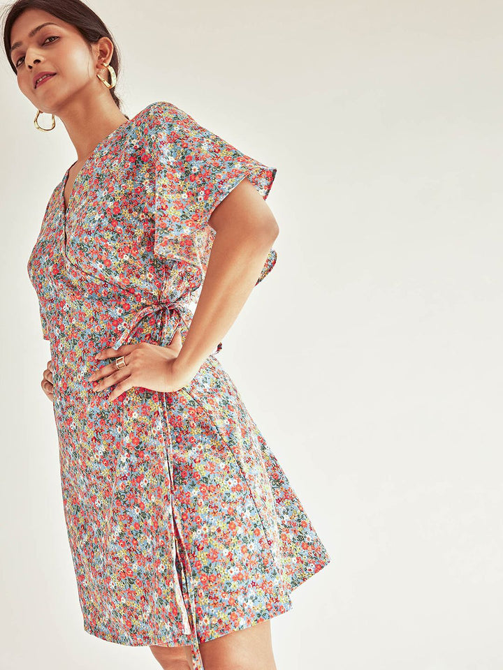 The Label Life V-Neck Floral Print Flared Sleeve Dress