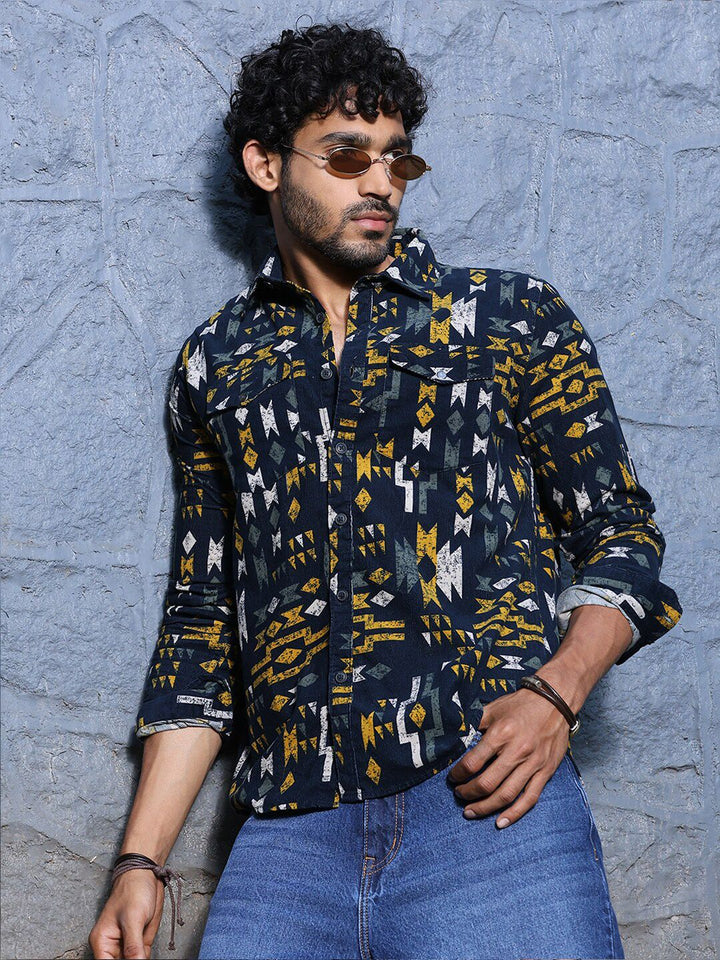 Thomas Scott Premium Slim Fit Geometric Printed Pure Cotton Corduroy Casual Shirt