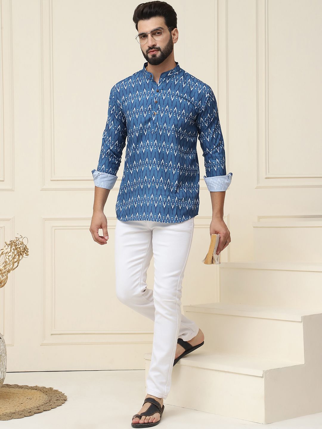 SOJANYA Kurta Bercetak Motif Etnik Biru Teal Lelaki