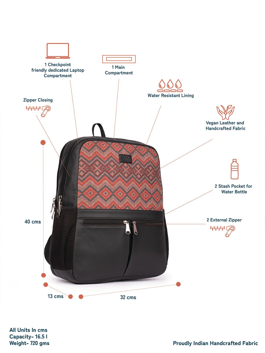 ZOUK  Women Chevron Printed Vegan Leather Backpack-Up to 16 inch