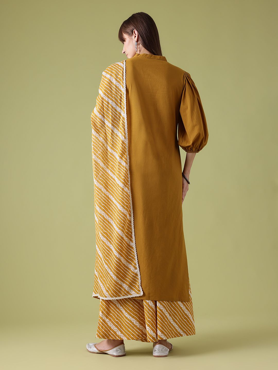 Anouk Sequinned Embellished Cotton Puff Sleeves Straight Kurta with Palazzos & Dupatta