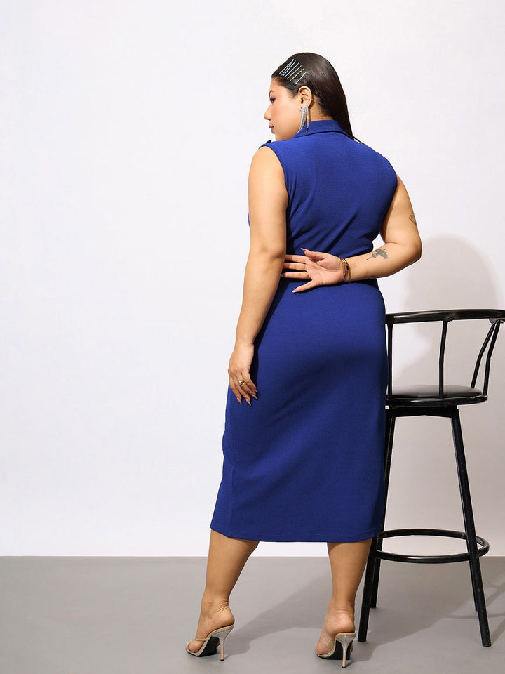SASSAFRAS Curve Plus Size Shirt Collar Sleeveless Midi Wrap Dress With Belt