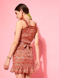 STREET 9 Women Orange Printed Floral Crepe Sheath Ruffle Dress