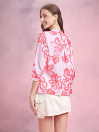 DressBerry Floral Print Band Collar Shirt Style Top
