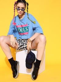 STREET 9 Women Blue Printed Cotton Drop-Shoulder Sleeves Bio Finish Boxy T-shirt