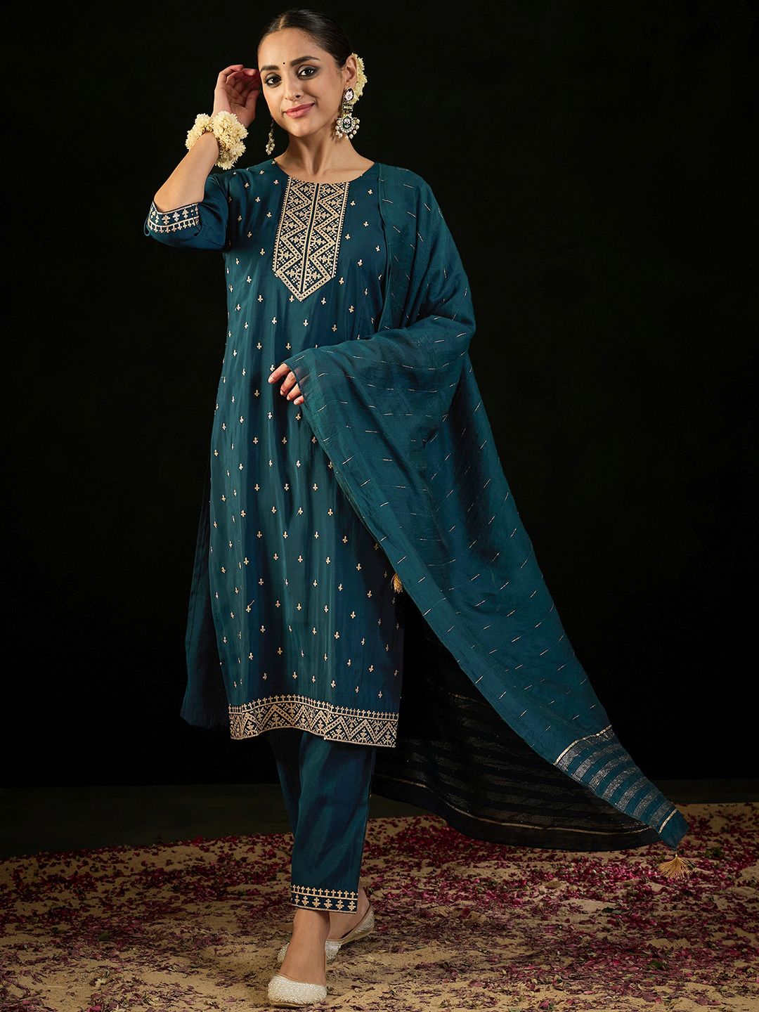 Indo Era Round Neck Embroidered Sequinned Chanderi Silk Kurta with Trouser & Dupatta