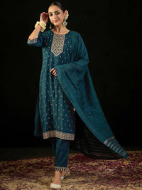 Indo Era Round Neck Embroidered Sequinned Chanderi Silk Kurta with Trouser & Dupatta