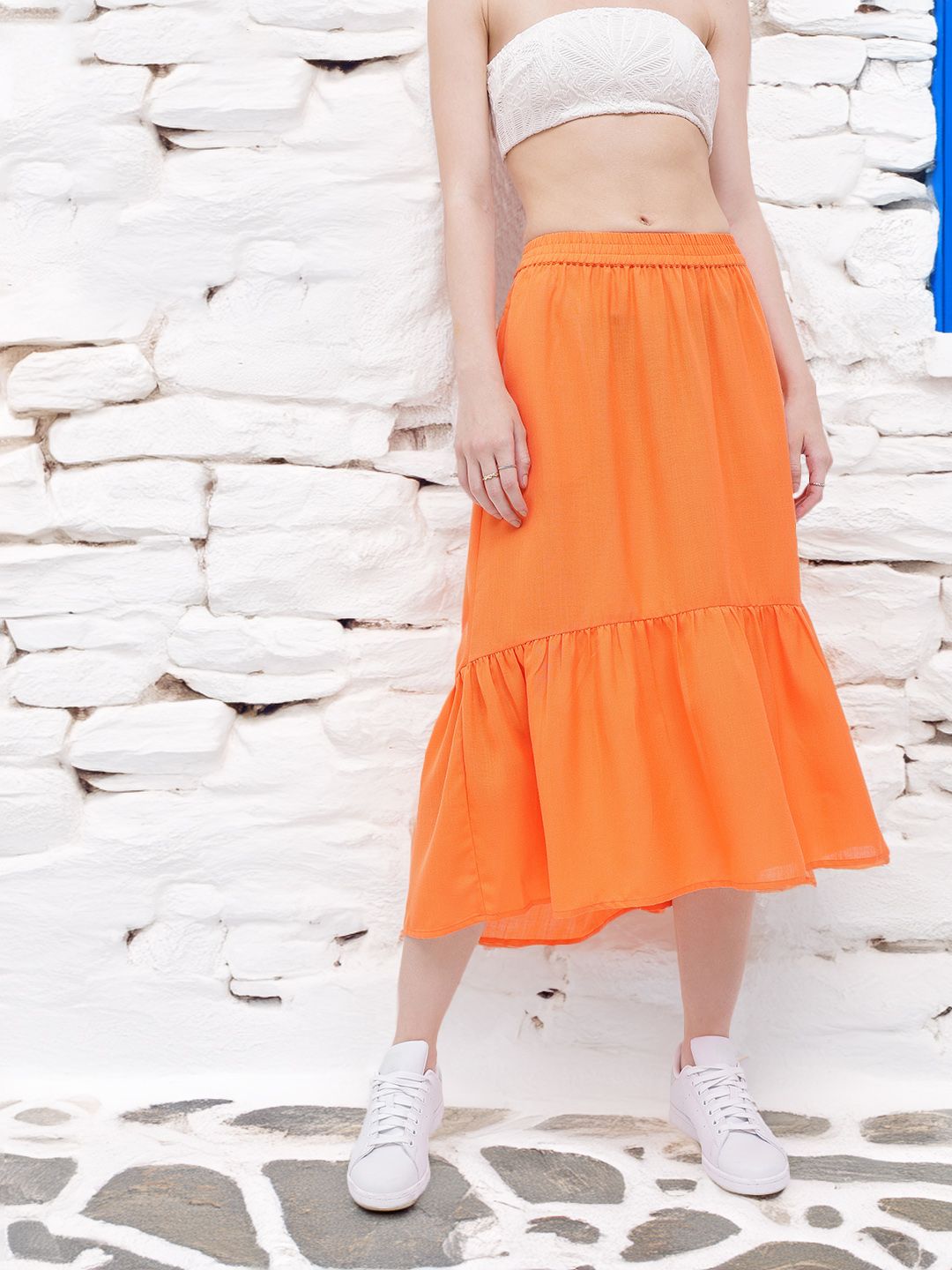 DressBerry Women Dream In Orange Gathered A-line Midi Skirt