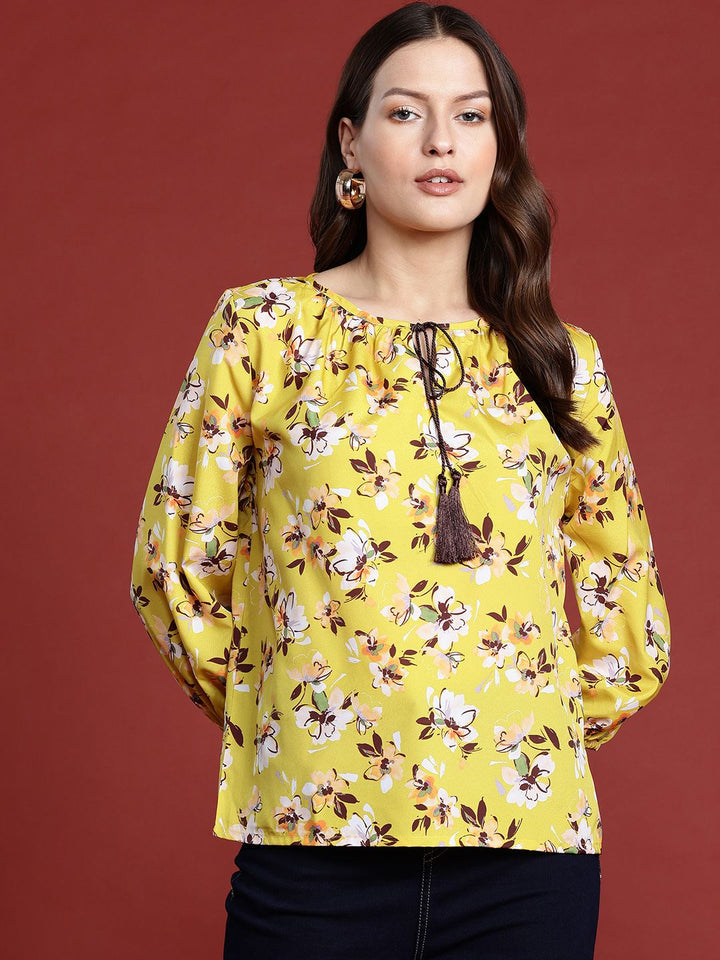 all about you Floral Print Tie-Up Neck Puff Sleeves Top