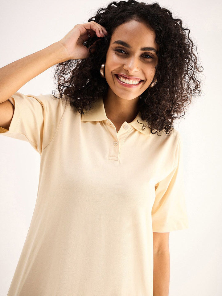 SASSAFRAS BASICS Beige Shirt Collar Pure Cotton Oversized T-shirt Midi Dress