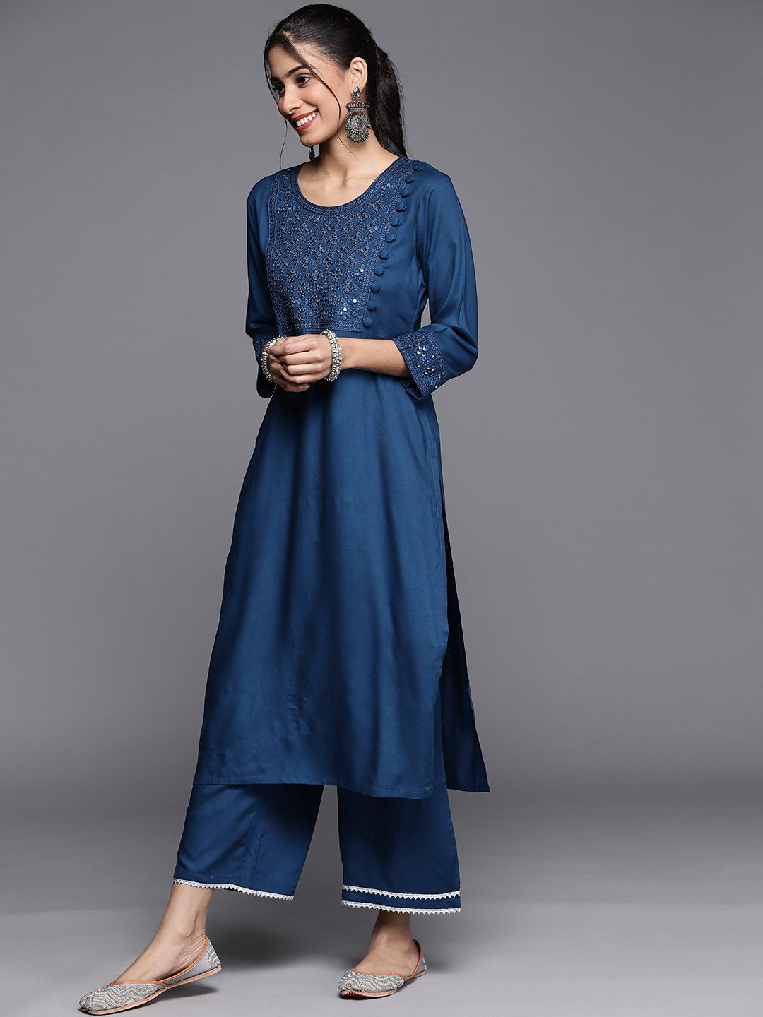 Libas Women Blue Embroidered Kurta with Palazzos & Dupatta