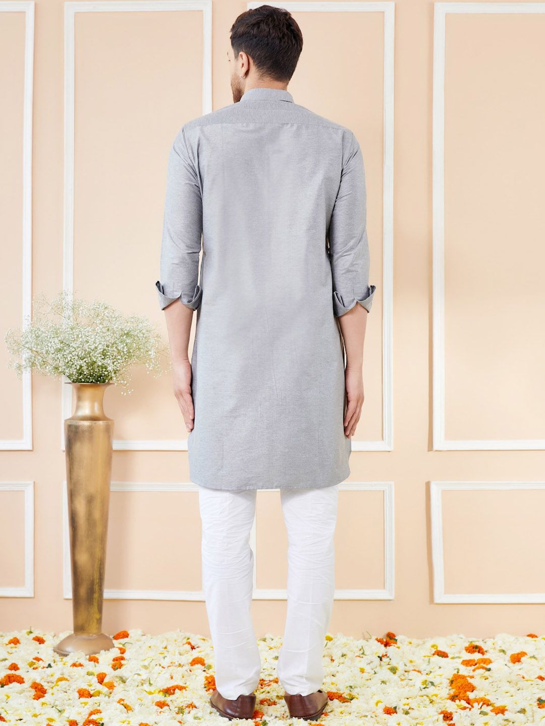 See Designs Shirt Collar Long Sleeves Pure Cotton Pathani Kurta With Pyjamas