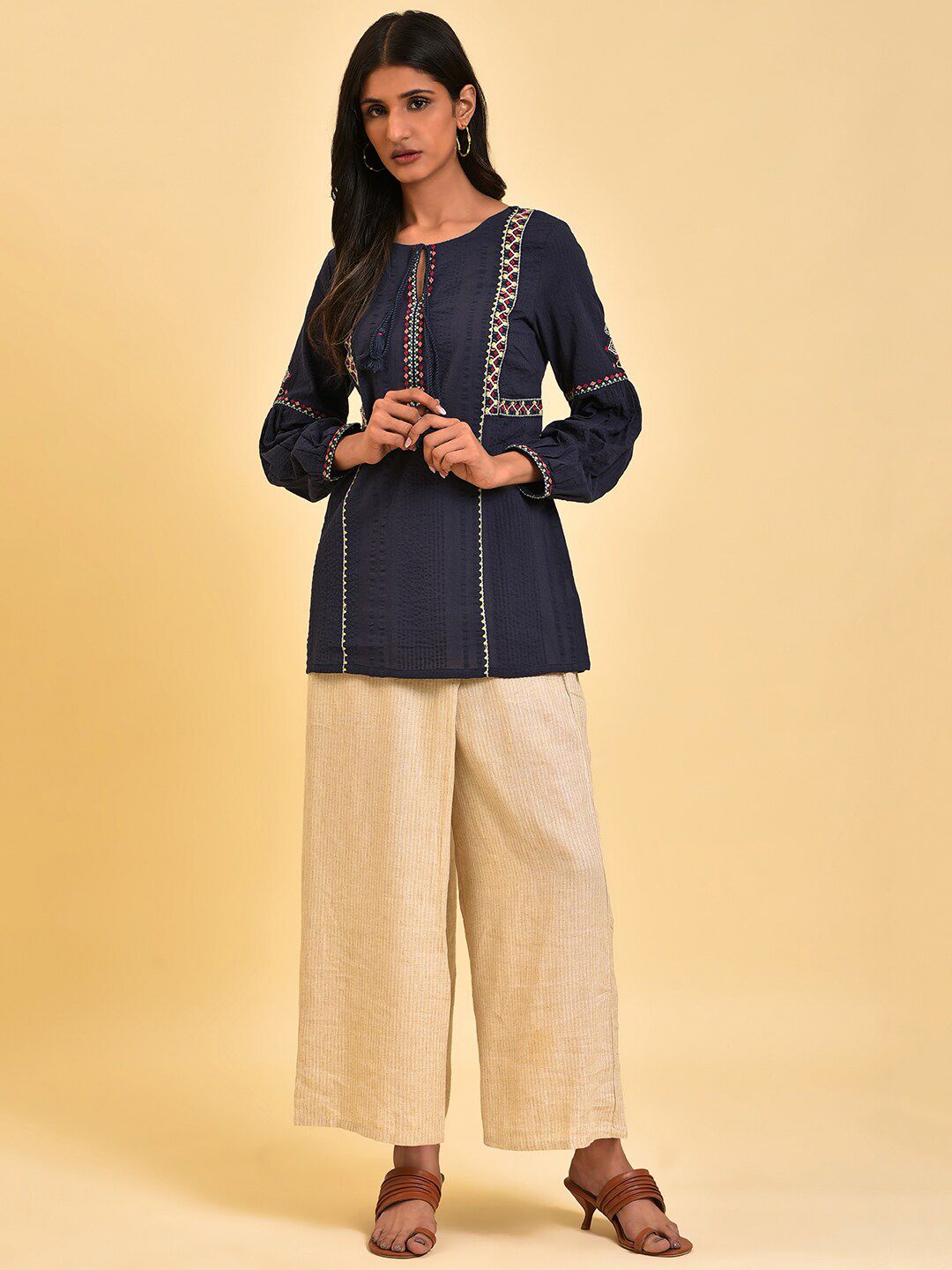 W Ethnic Motifs Embroidered Tie-Up Neck Cuffed Sleeve Pure Cotton Regular Top