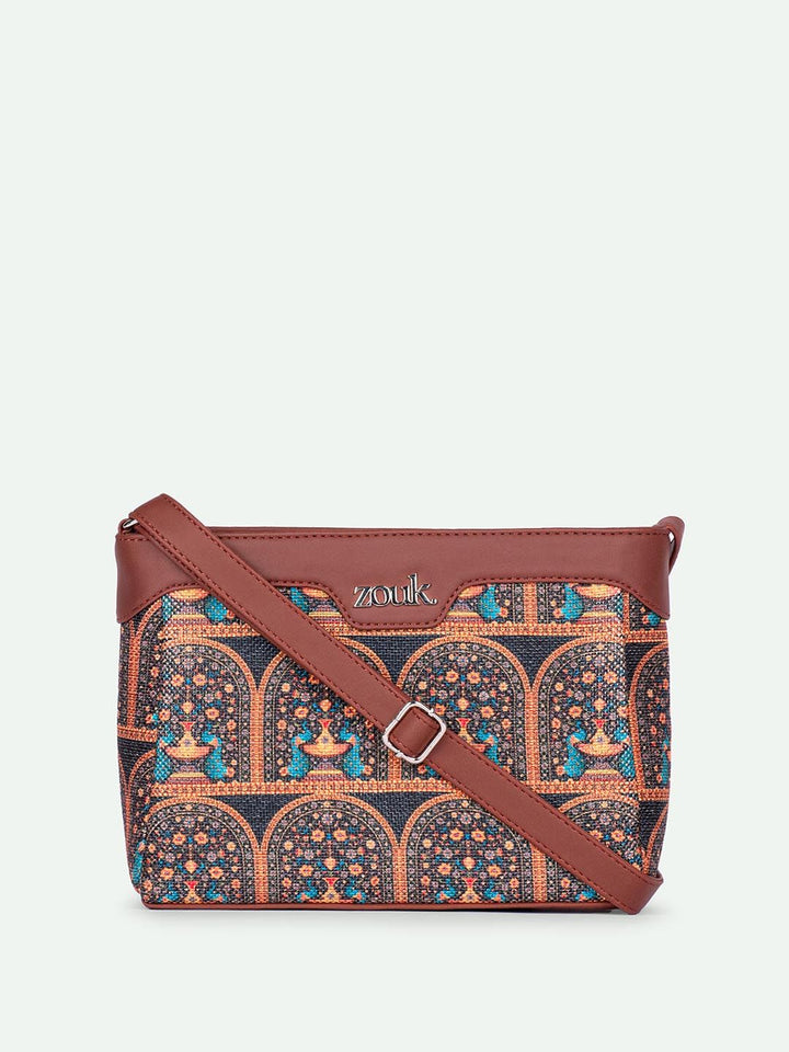 ZOUK Royal Indian Peacock Motif Harmony Printed Structured Sling Bag