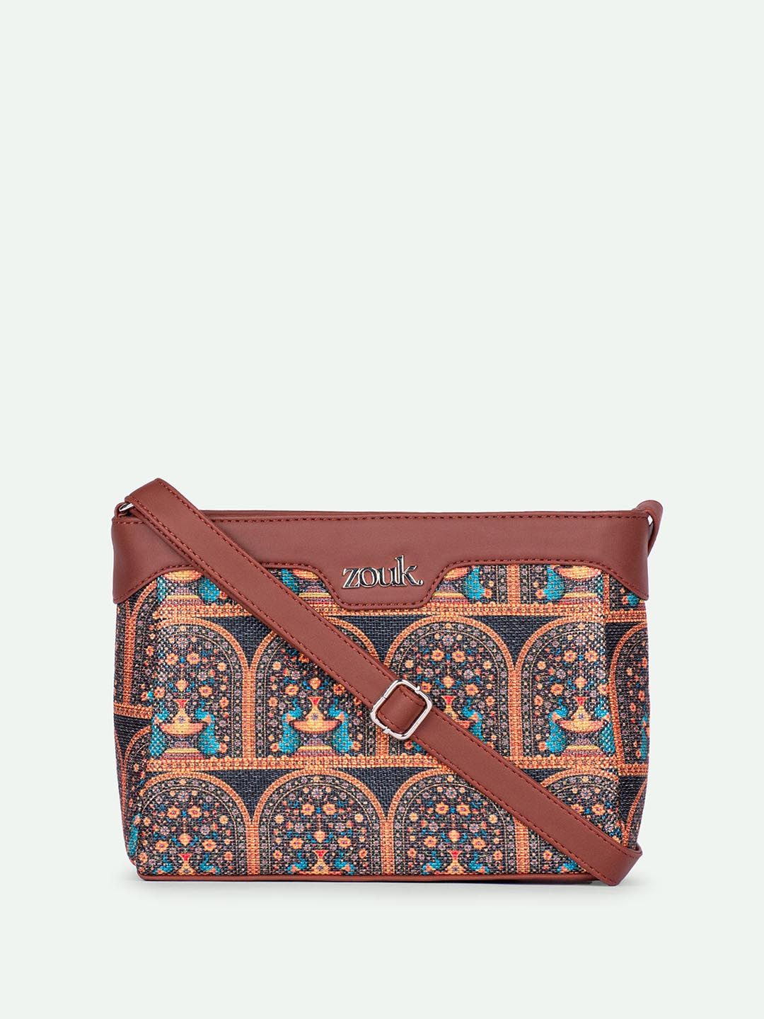 ZOUK Royal Indian Peacock Motif Harmony Printed Structured Sling Bag