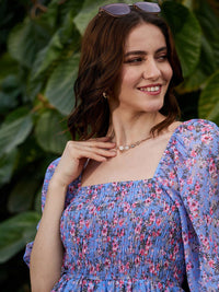 SASSAFRAS Floral Printed Smocked Fit & Flare Mini Dress