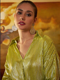 Athena Lime Green Striped Tie-Up Detail Shirt Style Top