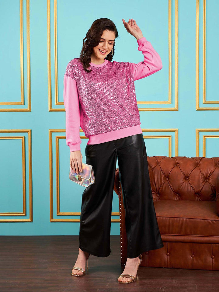 SASSAFRAS Pink Embellished Round Neck Pullover Sweatshirt