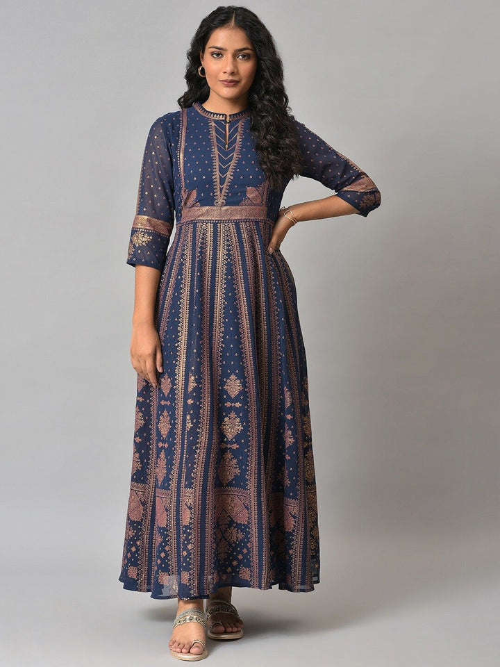 W Blue Ethnic Motifs Ethnic Maxi Dress