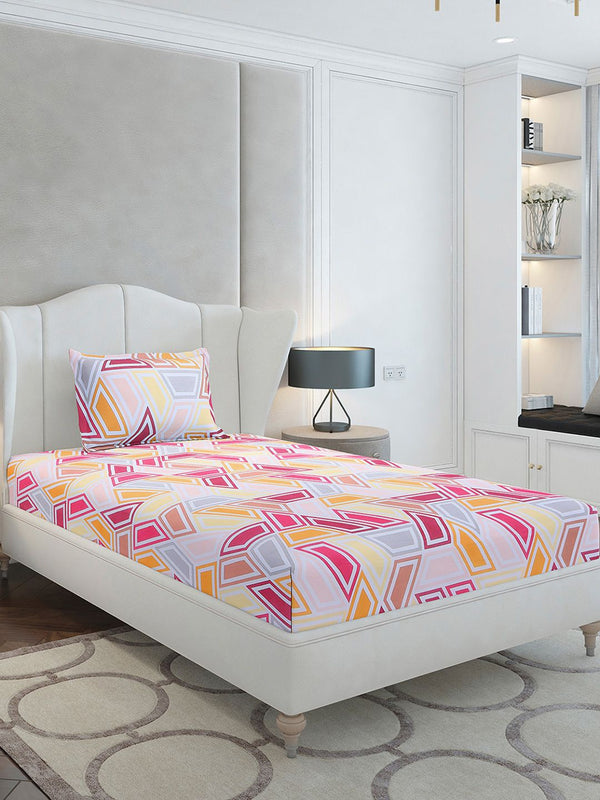 Monte Carlo Magenta & White Geometric Cotton 104 TC Single Bedsheet Set-2.24 m x 1.52 m