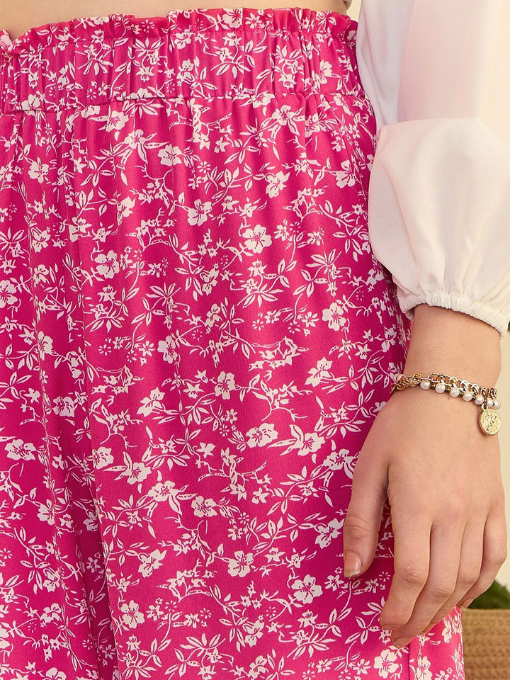 Berrylush Women Pink Floral Print High-Rise Pleated Parallel Trousers
