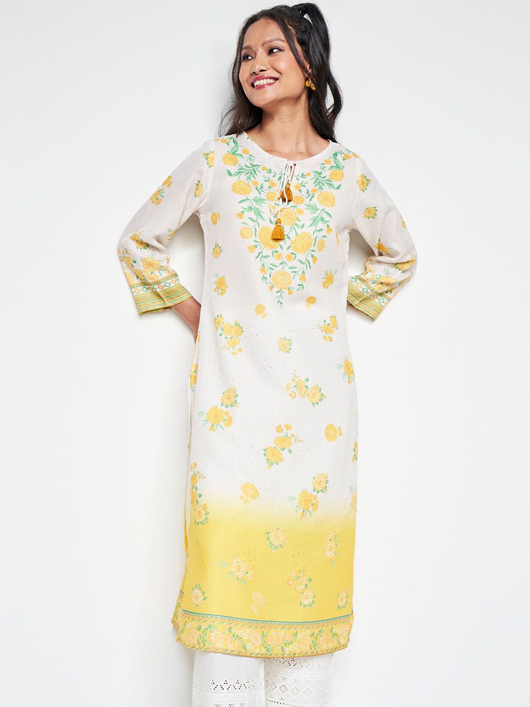 Global Desi Ethnic Motifs Printed Tie-Up Neck Straight Kurta