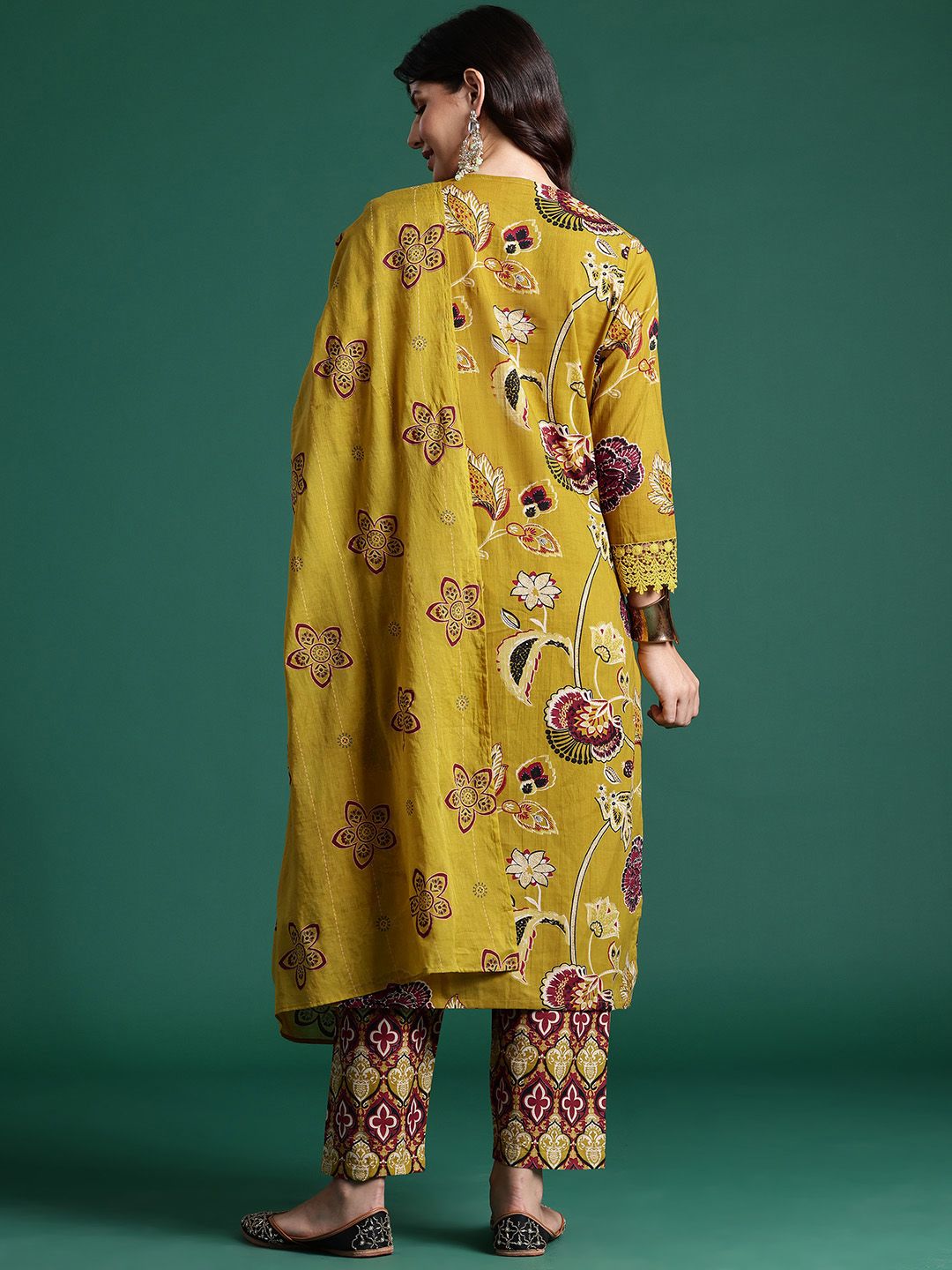 Indo Era Ethnic Motifs Printed Sequinned Pure Cotton Kurta With Trousers & Dupatta