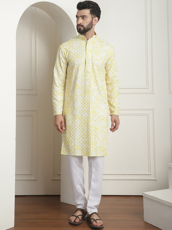 SOJANYA Geometric Embroidered Mandarin Collar Sequined Pure Cotton Straight Kurta
