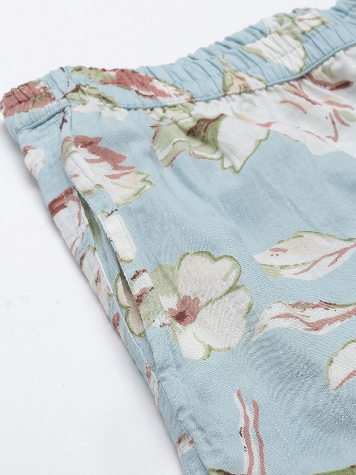 SANSKRUTIHOMES Women Sea Green Pure Cotton Floral Print Pyjama Set