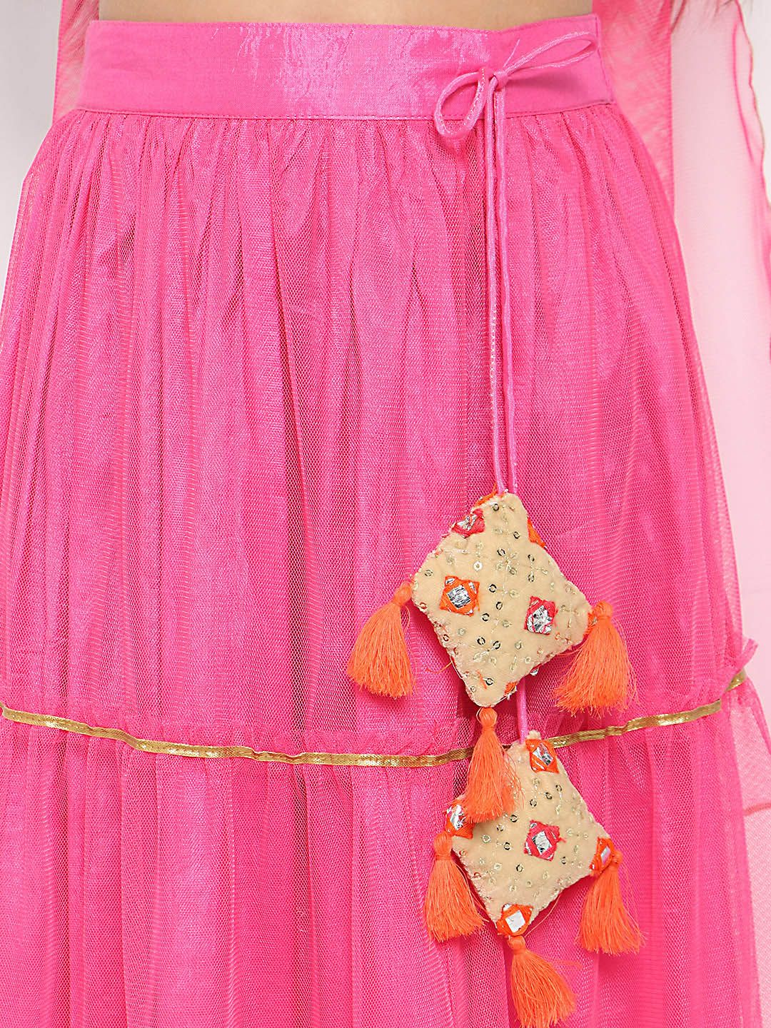 Nauti Nati Girls Embellished Mirror Work Ready to Wear Lehenga & Blouse With Dupatta